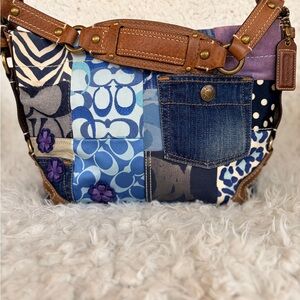 Coach Denim Patchwork Hobo Shoulder Bag Embroidered Purple flowers